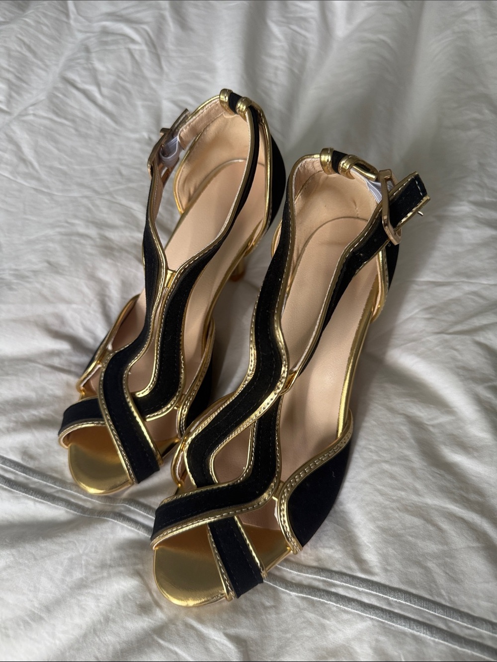 Black and Gold Open-Toe Women’s Heels with Ankle Strap